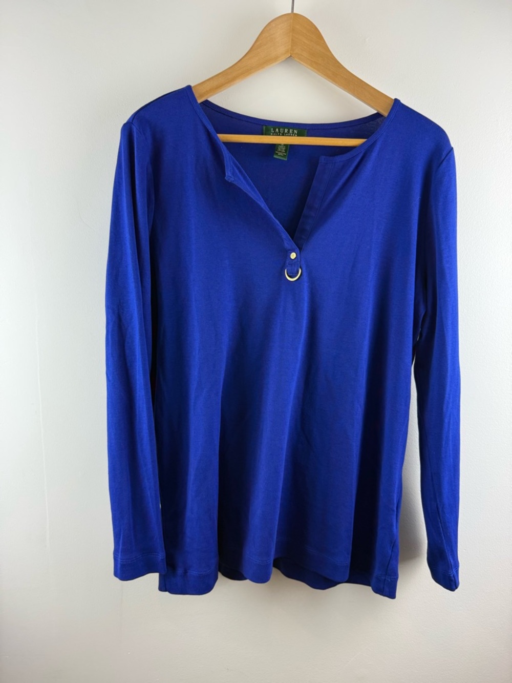 Lauren Ralph Lauren Royal Blue Split Neck Top Gold Hardware 1X